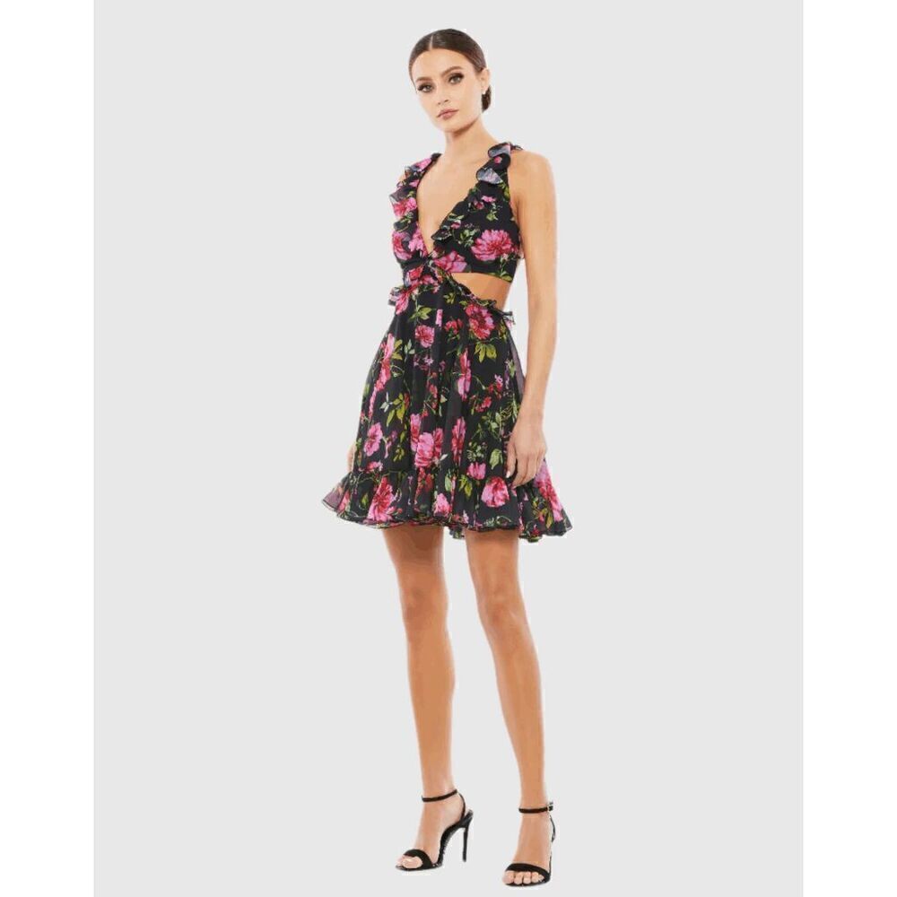 Mac Duggal NWT size 4 Ruffle Lace Cut out mini floral dress party formal prom st